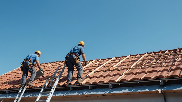 Roofers, licensed and insured repairing a roof